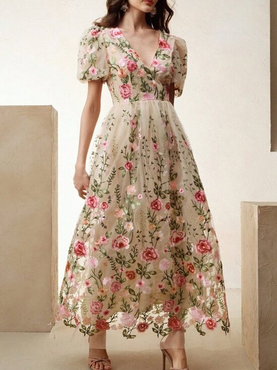 Dresses & Skirts - Cream Elegant Women's Embroidered Floral V-Neck A-Line Midi Skirt